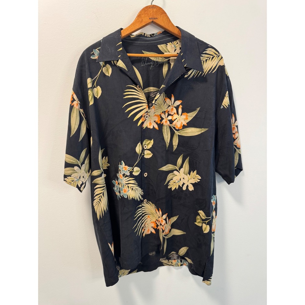 Tommy Bahama Mens Large Black Silk Tropical Beach Floral Palm Leaf Camp Shirt
